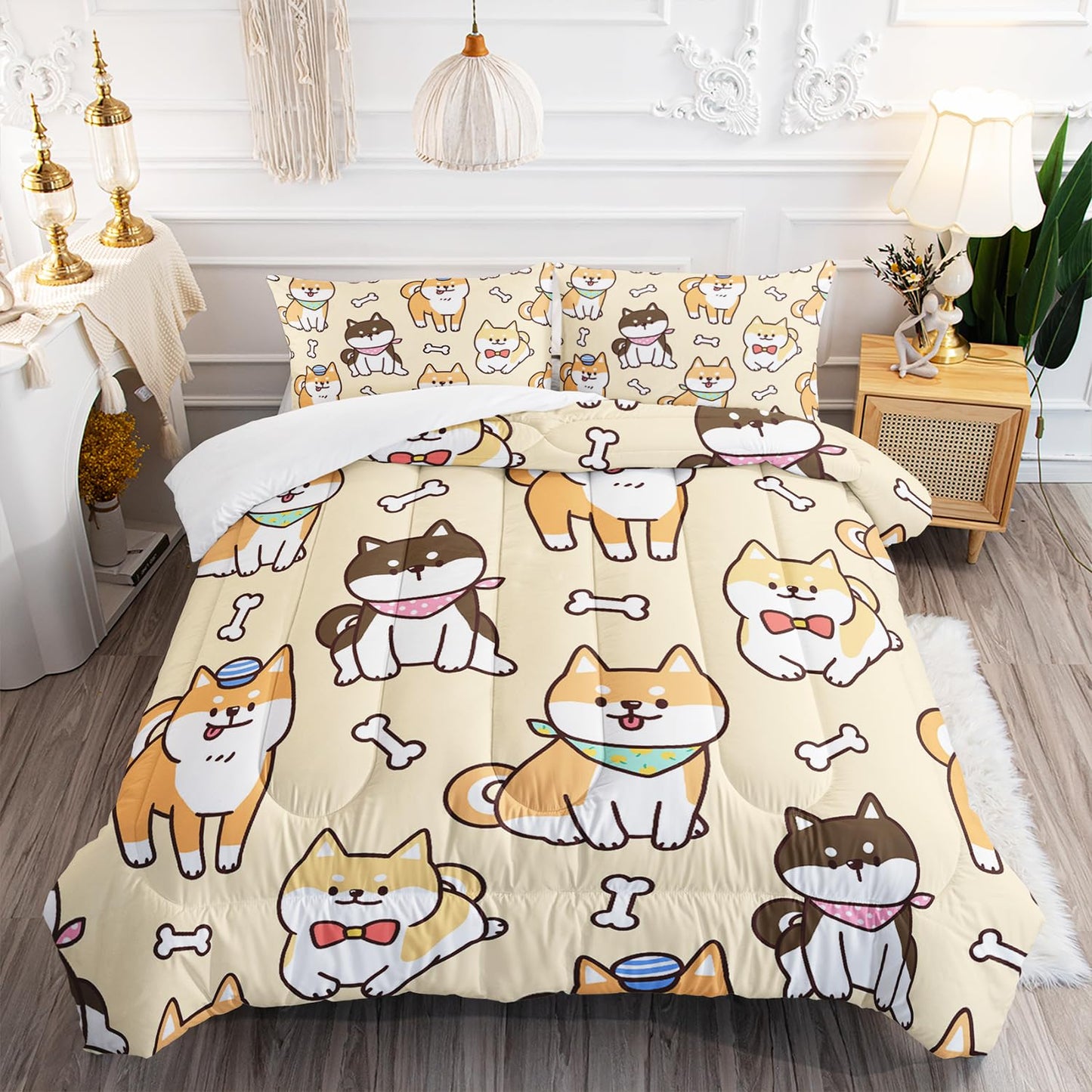 XYNHML Kawaii Cartoon Corgi Dog Animal Themed 3Pcs Comforter Full Yellow Black Dogs Pattern Bedding for Kids Teens Girls Boys Cute White Bone Quilt Bed Decor Set with 1 Comforter and 2 Pillowcases
