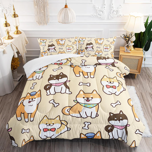 XYNHML Kawaii Cartoon Corgi Dog Animal Themed 3Pcs Comforter Full Yellow Black Dogs Pattern Bedding for Kids Teens Girls Boys Cute White Bone Quilt Bed Decor Set with 1 Comforter and 2 Pillowcases