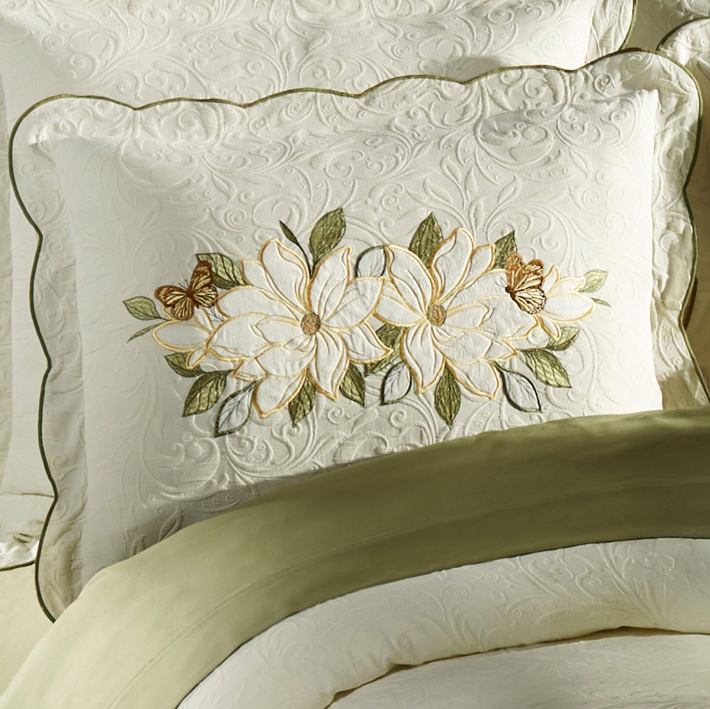 Sweetbay Garden Luxury Matelasse Bedding | Magnolia Flower, Butterfly, & Leaf Velvet Appliques | 4-Pc Ivory Textured Scroll Lightweight Bed Set with Oversized King Coverlet, Bedskirt, and 2 King Shams