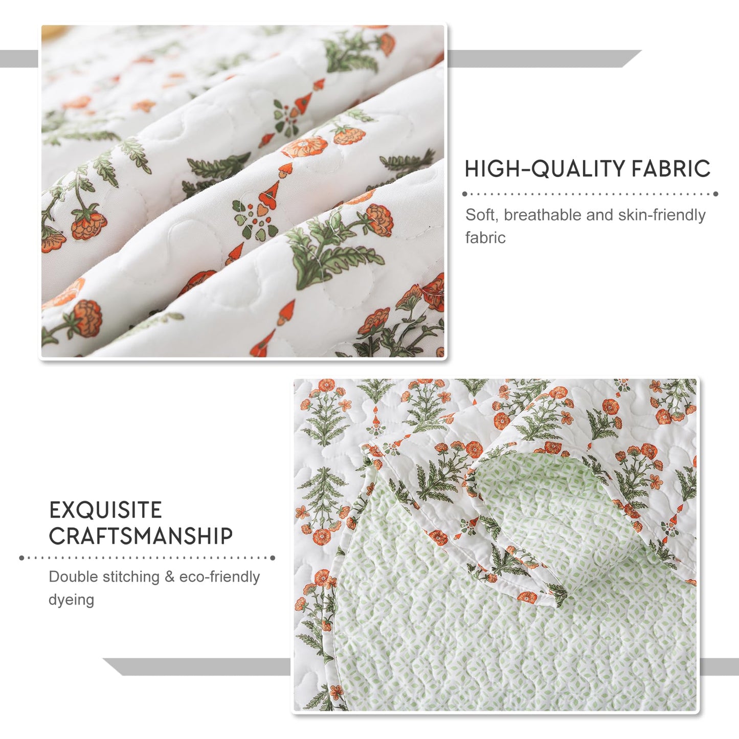 Travan 3-Piece Quilt Set Quilted Bedspread Lightweight Coverlet Set Garden Style Floral Printed Oversized Quilted Bedding Set for All Season, Orange Mirror, King Size