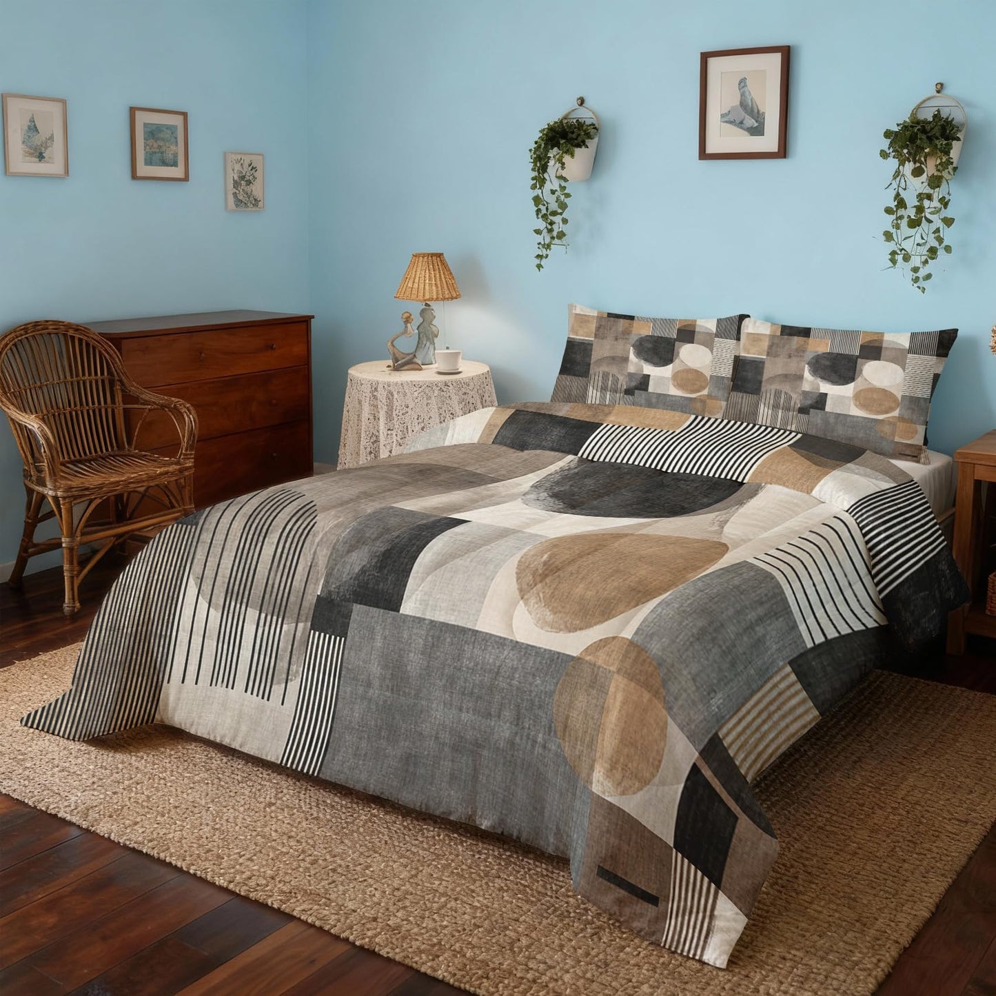 ZDABAOEC Mid Century Modern Queen Comforter Set 3 Piece, 2 Pillow Shams, Abstract Geometric Minimalist Reversible Down Alternative All Season Bedding, Soft Microfiber, Mid Century Bedroom Decor
