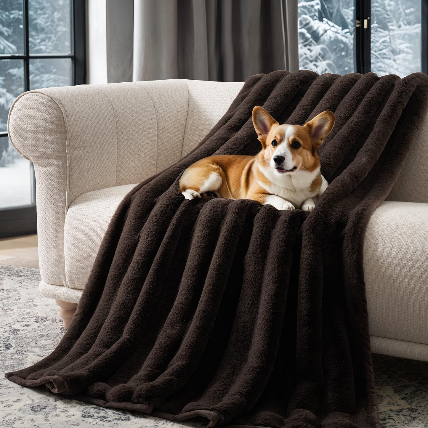 EverGrace Soft Luxury Faux Rabbit Fur Throw Blanket for Couch, Cozy Fluffy Channel Throw Blanket for Bed, Fuzzy Warm Thick Mink Blanket with Reversible Velvet for Winter, Chocolate, 50"x60", 820GSM