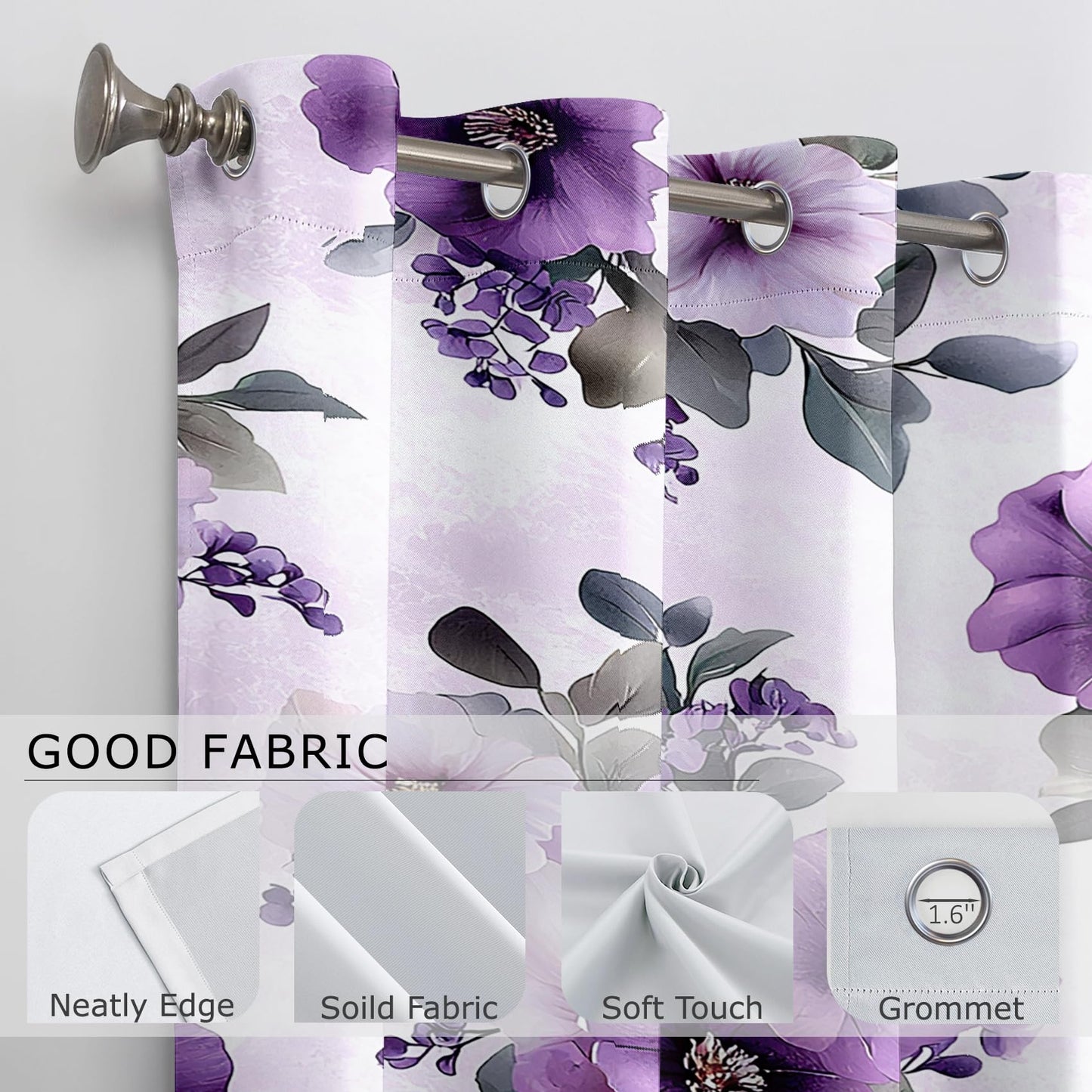 Solvivae Floral Curtains 54 Inch Length, Purple Floral Flowers Botanical Blackout Curtains for Bedroom Living Room, Room Darkening Thermal Insulated Grommet Drapes, Patterned Window Treatments
