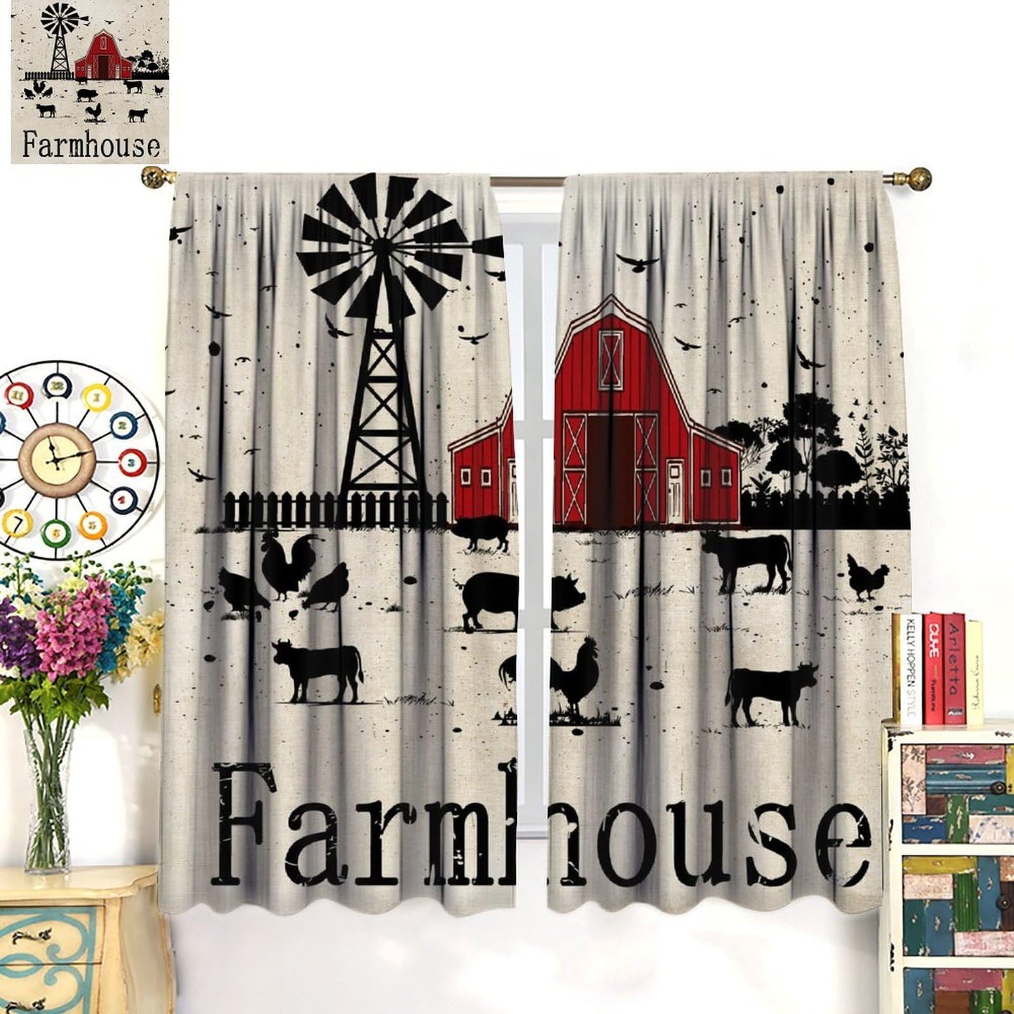 YCness Country Farmhouse Curtains Red House Cow Pig Chicken Window Treatments for Rod Pocket Drapesfor Living Room Bedroom Kitchen 42x45 Inch