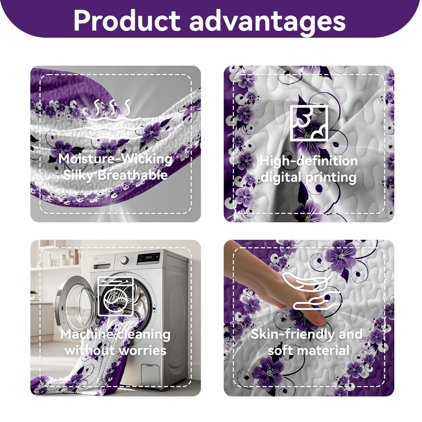 CozyCreatures Vintage Boho Purple White King Light Comforter Set, 9-Piece Bed in a Bag with Curtains, Brushed Microfiber Bedspread Set with Matching Curtains for Master Bedroom, Machine Washable
