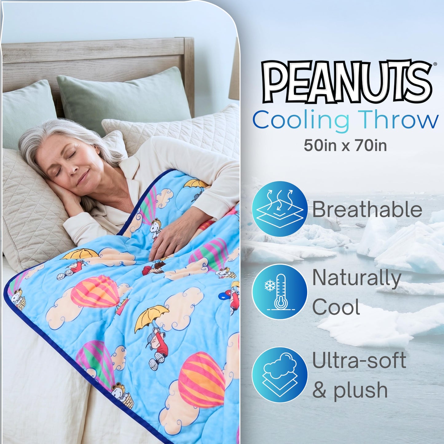 Peanuts® Snoopy Cooling Throw Blanket for Hot Sleepers, 50 x 70 Inch Lightweight All-Season Throw, Soft Breathable Cooling Fabric for Couch, Bed, (Officially Licensed Product) by Franco Calm