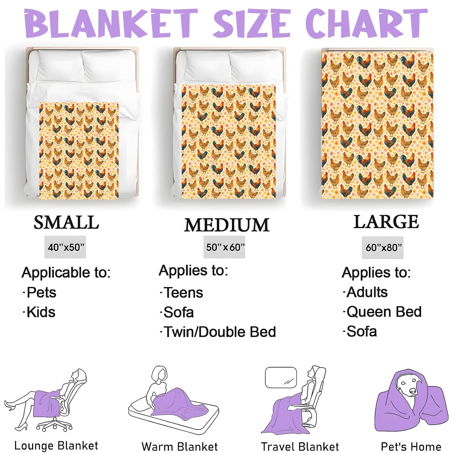 Rooster and Hen Pattern Throw Blanket for Boys Girls Kids Adults, Cozy Farm Animal Chicken Theme Flannel Blankets Gifts for Camping, Bedroom, Couch, Room Home Decor, 50"x60"