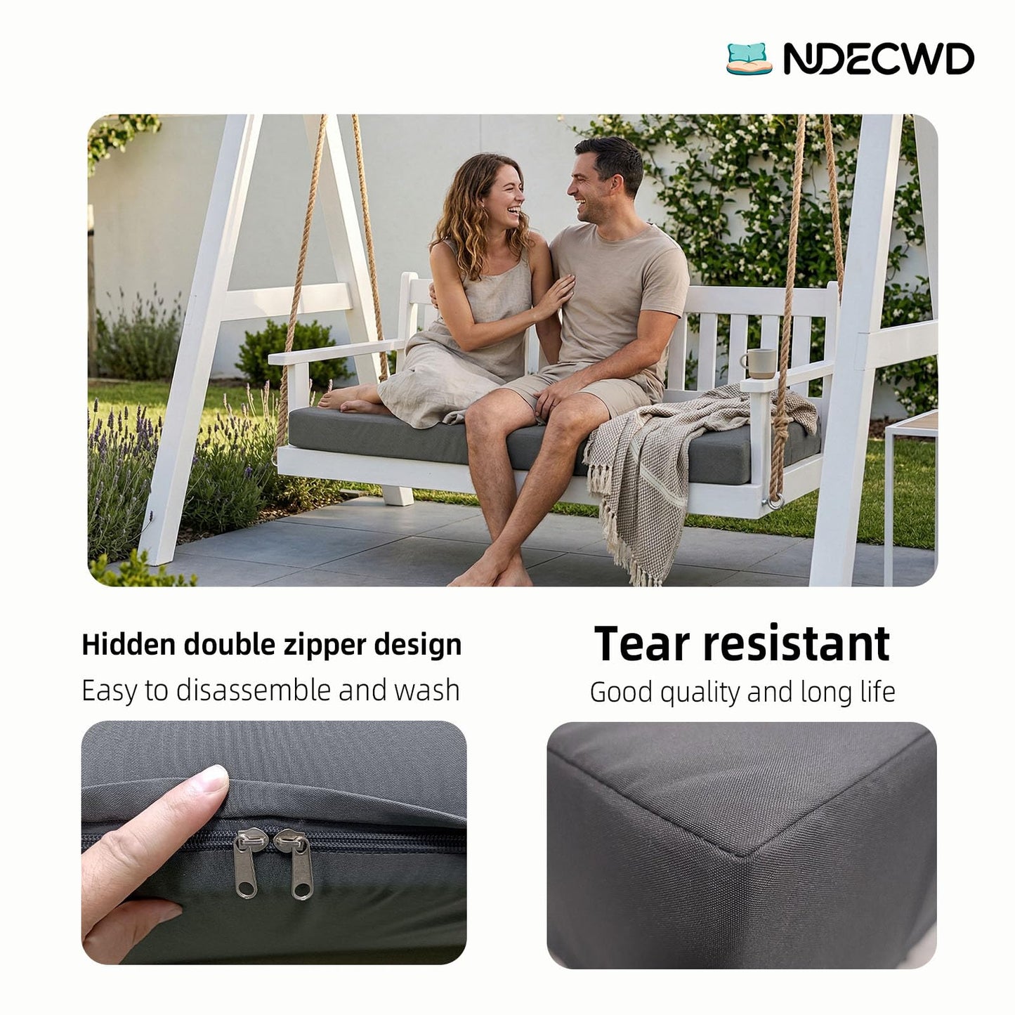 NDECWD Outdoor Twin Daybed Mattress Cover (75x39x6 Inch), Water-Resistant Replacement Slipcover with 3-Sided Long U-Shaped Zipper for Porch Swing Bed, Durable Patio Cushion Cover (Cover Only)