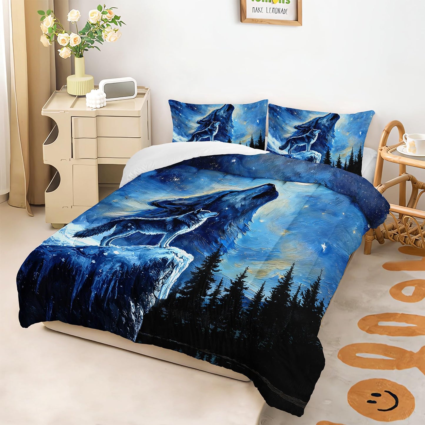 lneffble Wolf Comforter Set Twin for Boys Girls,Howling Wolves Night Moon Comforter Mountain Forest Wolf Bed Set,Wild Animals Quilt Set for Adults Kids Bedroom Decor,All Seasons