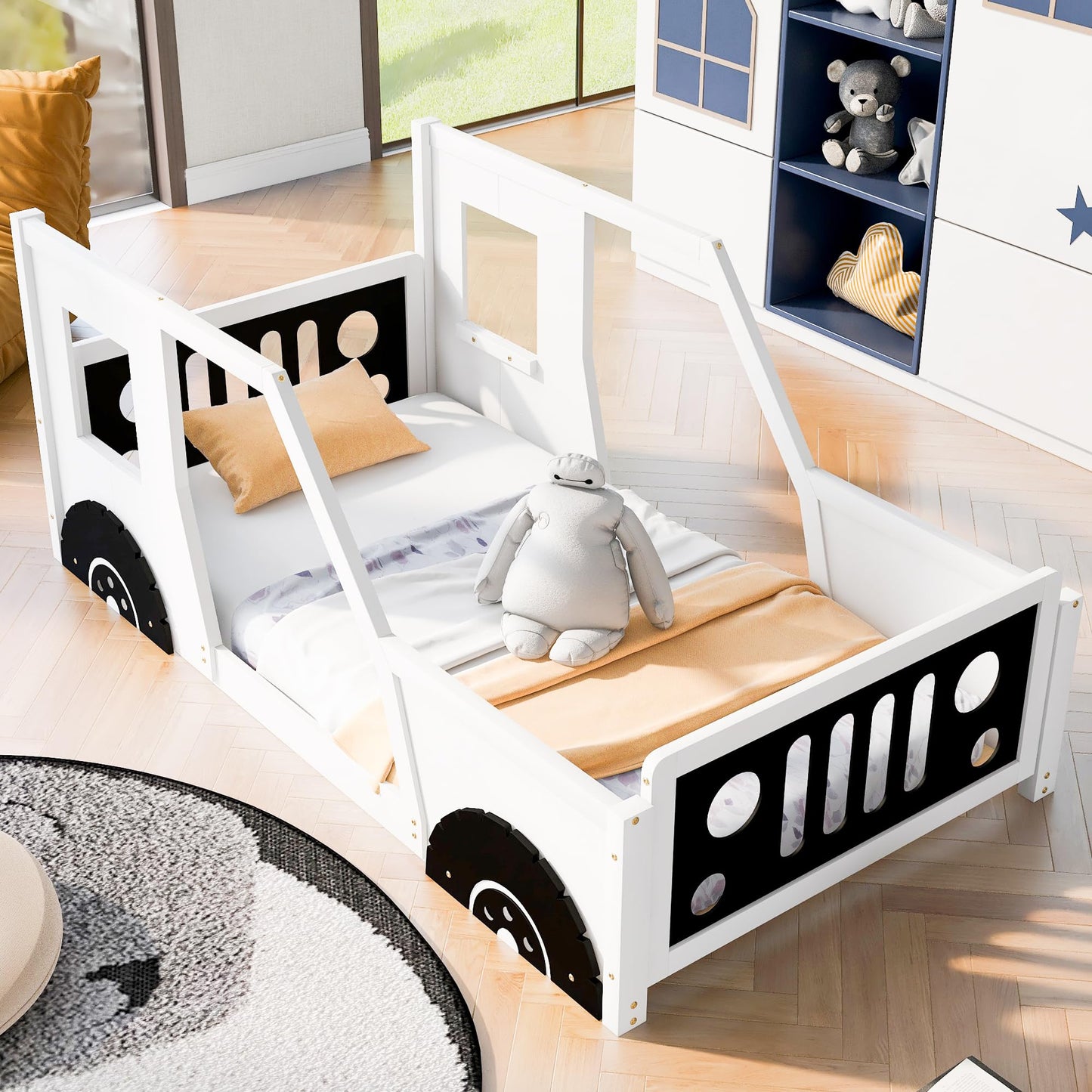 Bellemave Twin Size Car Bed, Classic Car-Shaped Platform Bed with Wheels, Wood Twin Montessori Floor Bed for Kids Boy Girls (White+Black)