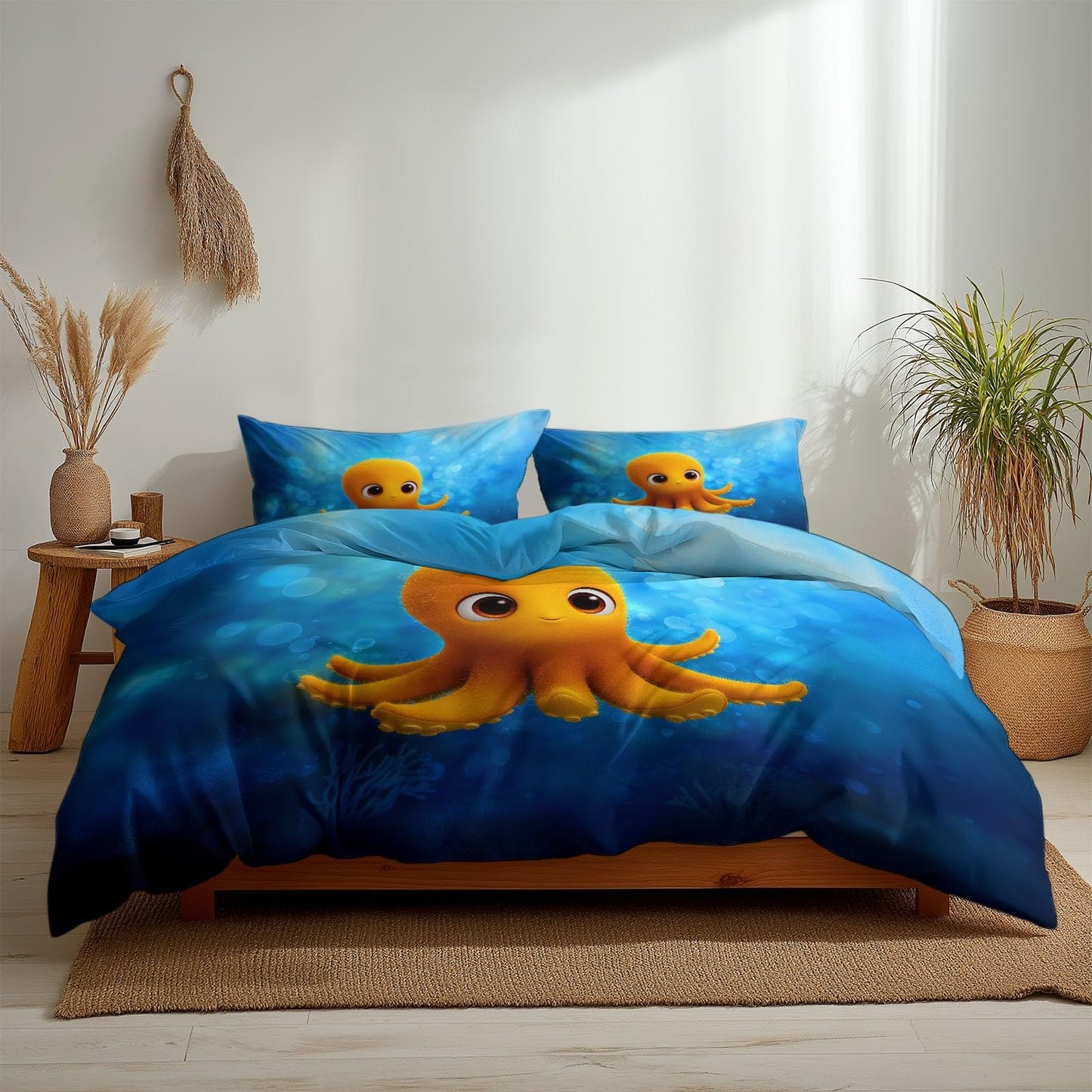 Super Soft Cartoon Style Duvet Cover Set Twin Size, Minimalist Underwater Yellow Octopus Bedding for Kids Boys Girls Teens - Breathable and Anti-Allergic Soft Comforter Cover 2 Pillow Shams