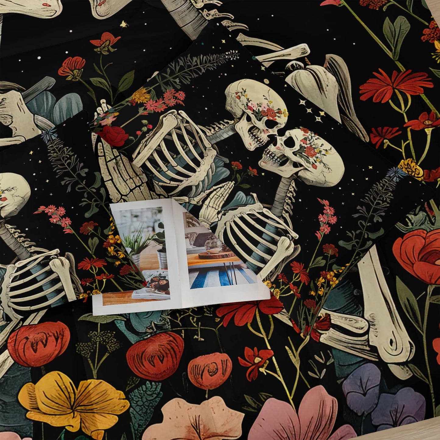 lneffble Black Gothic Skull Flower Twin Comforter Set，Quilt Twin Size Bedding Set Gothic，with 1 Comforter with 2 Pillow Case，Skull Room Decor for Bedroom