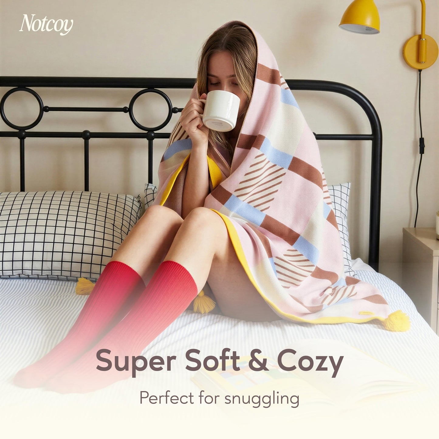 notcoy Knit Throw Blanket with Corner Tassels, Super-Soft Lightweight Acrylic Blanket for Couch Sofa and Bed, Decorative All Seasons Throw, 51x67 Inch - Pink & Brown Checkered