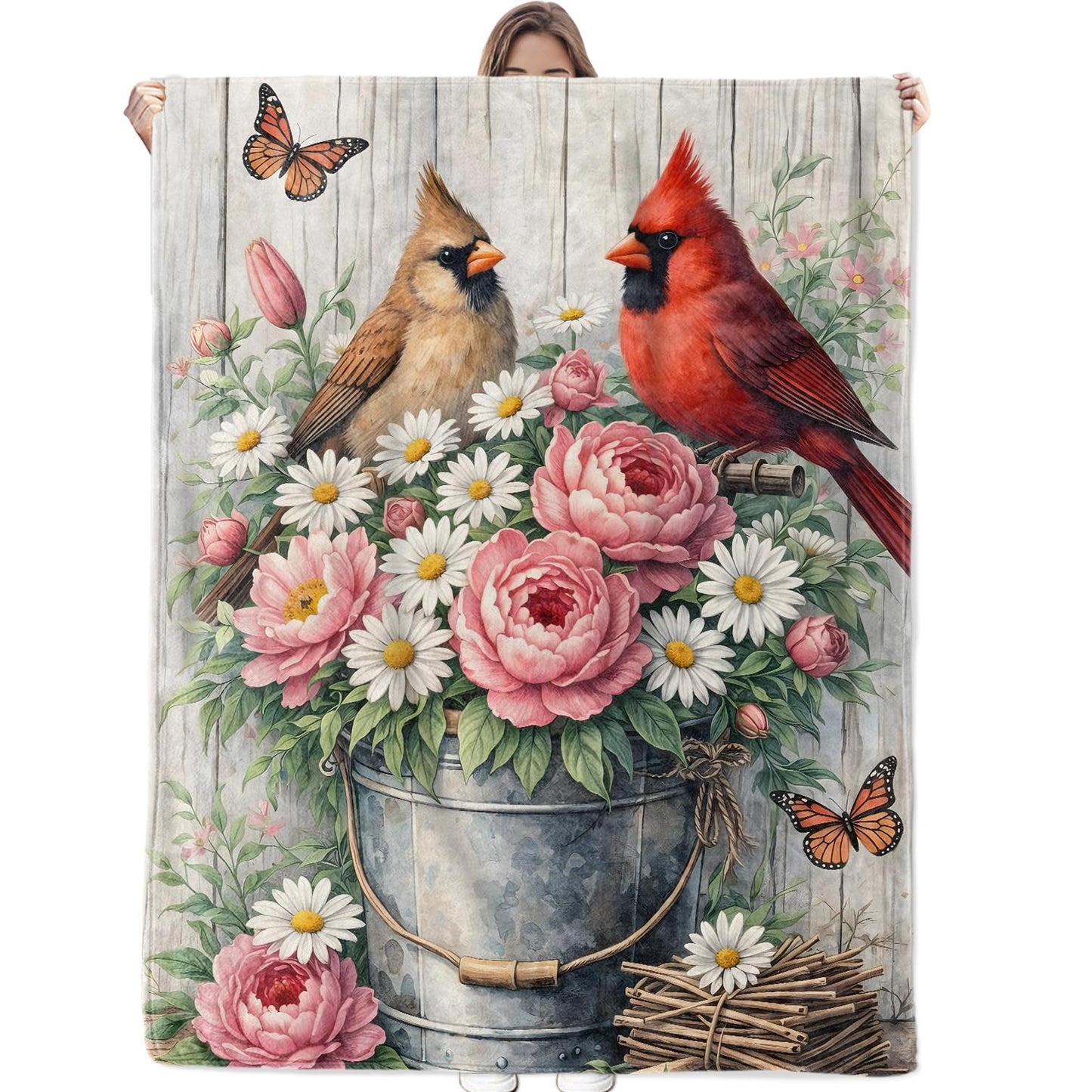 Cardinal Flower Bouquet Blanket Soft Cozy Bird Floral Rustic Farmhouse Flannel Throw Blanket, Gifts for Girls Women, Warm Yet Lightweight Blankets for Travel, Couch, Fuzzy Decor Comfort Wrap 60"×50"