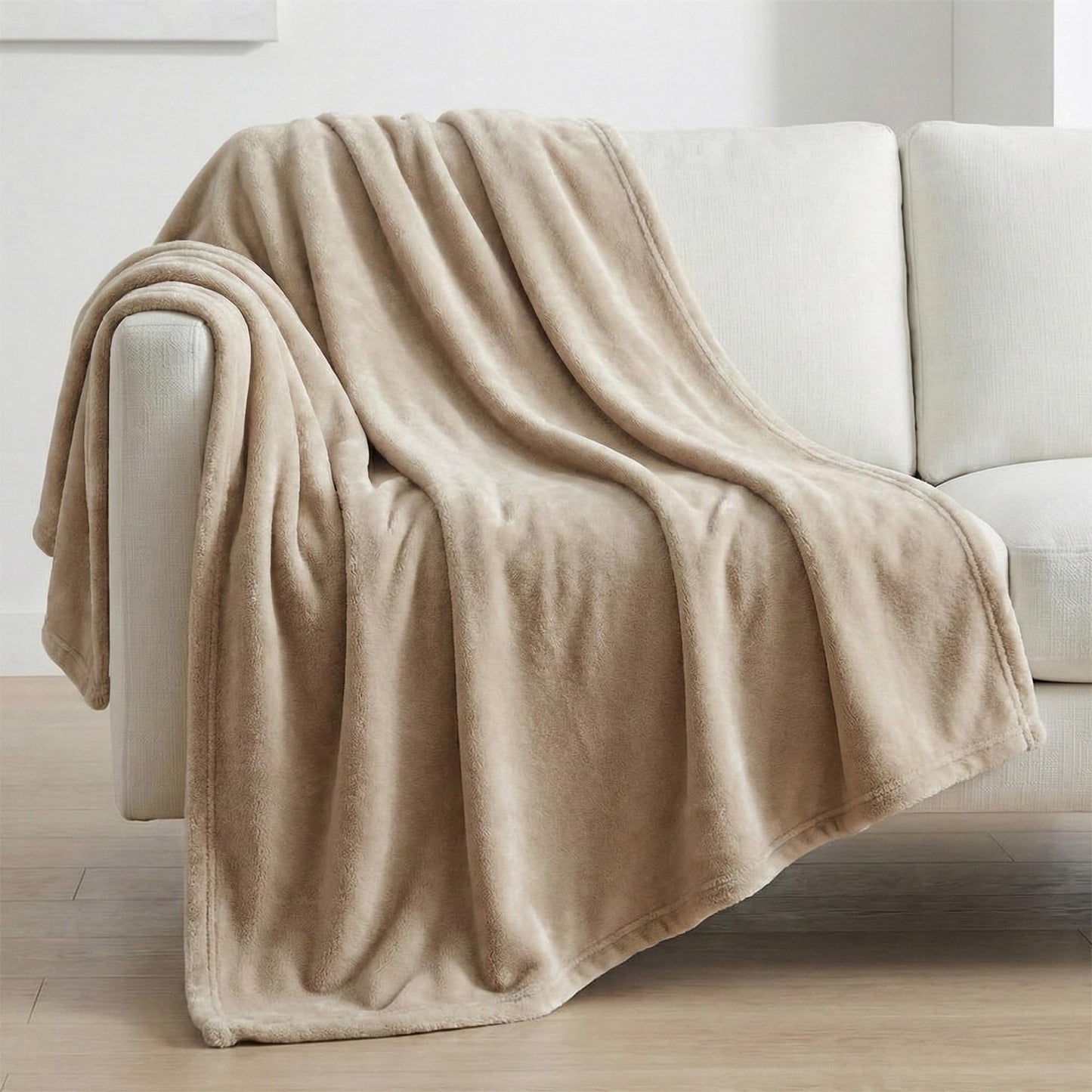 DEZ FURNISHINGS Velvet Plush Blanket, Super Soft, for Couch, Bed, All Season Use, Queen (90" x 90"), Tan