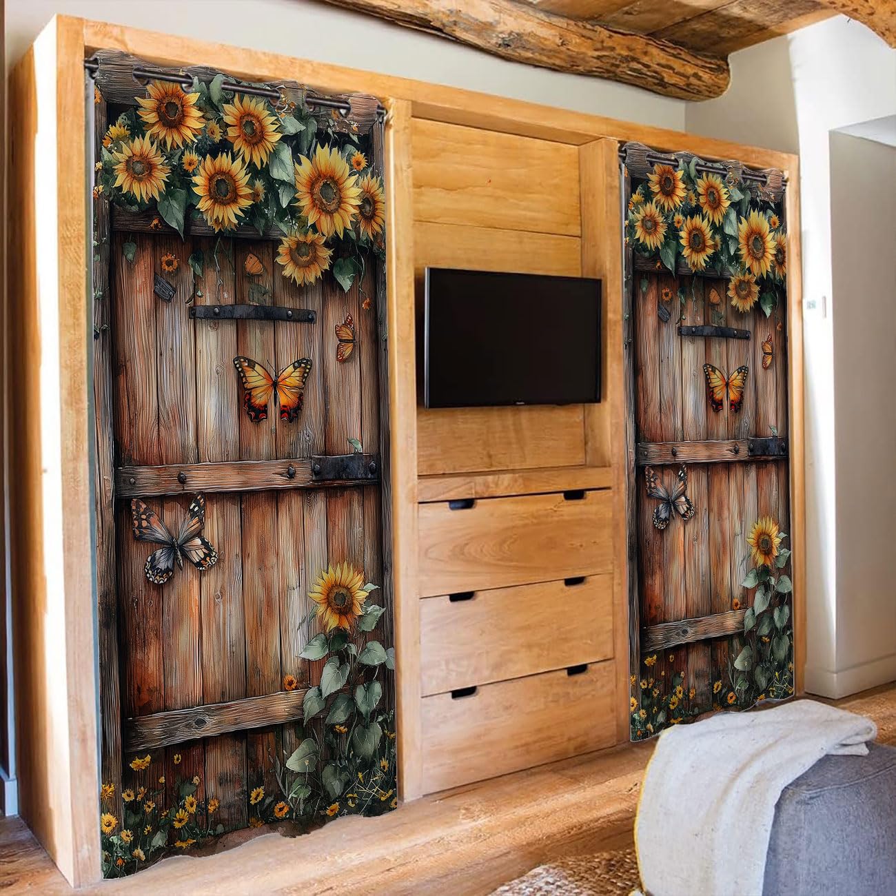 Shixiaoyan Wooden Barn Door Door Curtain for Doorway Privacy Sunflower Flowers Butterfly Country Closet Door Cover Curtain for Darkening Door Drape for Kid Teens Boys Teens, 1 Panel 34" W X 80" L