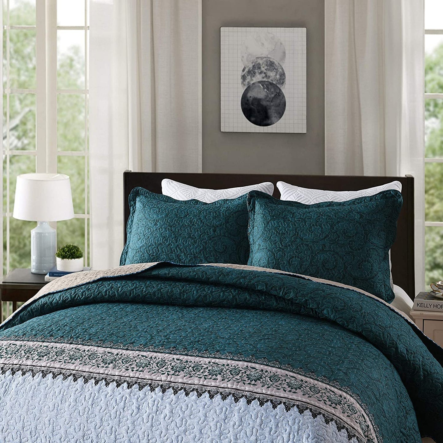 Travan 3-Piece King Quilt Set Quilted Bedspread Oversized Microfiber Soft Lightweight Bedding Set with Shams for All Season, Blue Ocean, King Size