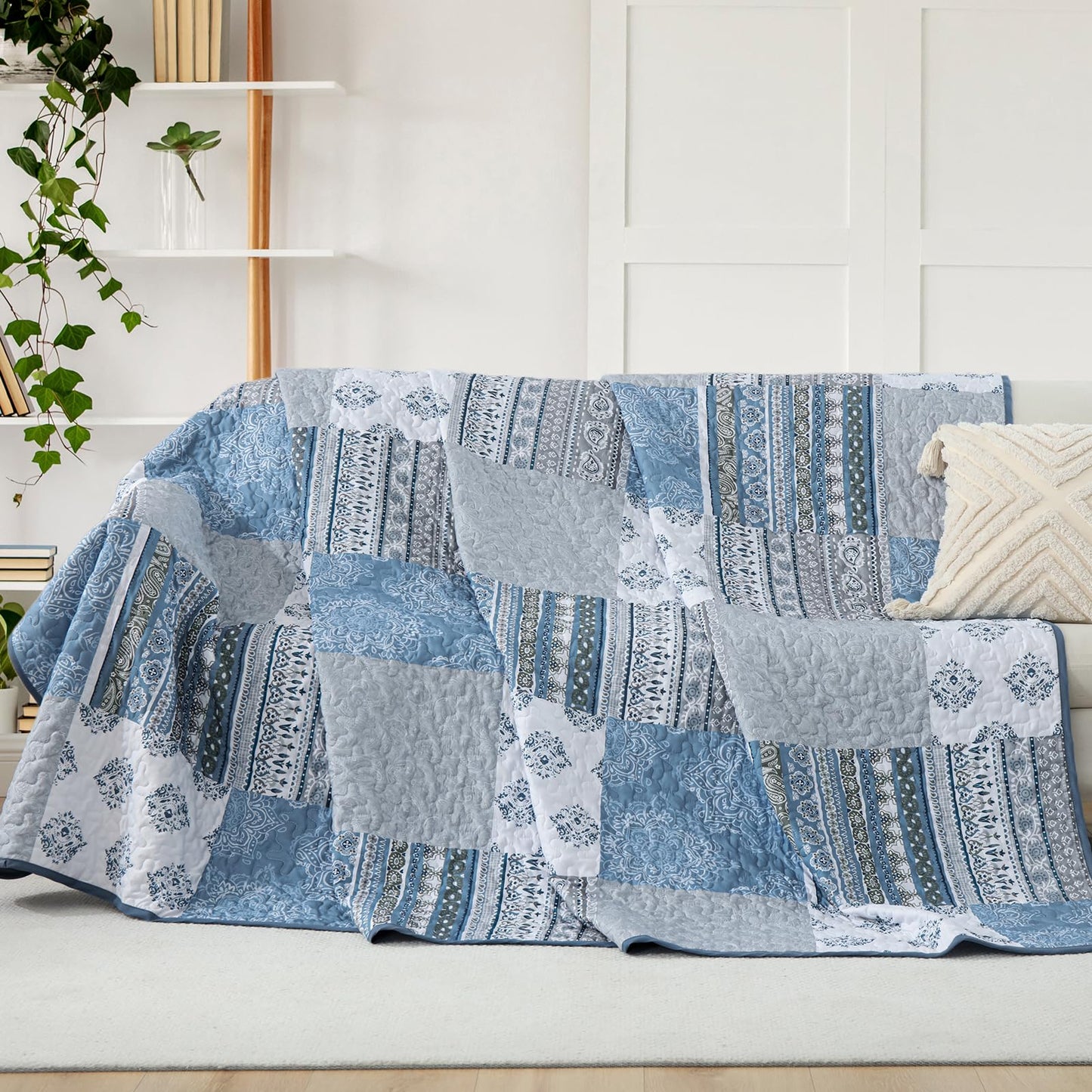Dintszyayue Boho Quilt Set Queen Size Patchwork Bedspread Coverlets, Blue/Gray Bohemian Plaid Quilt Bedding Set Soft Microfiber Summer Bedding Bedspread Set, 96''x90''
