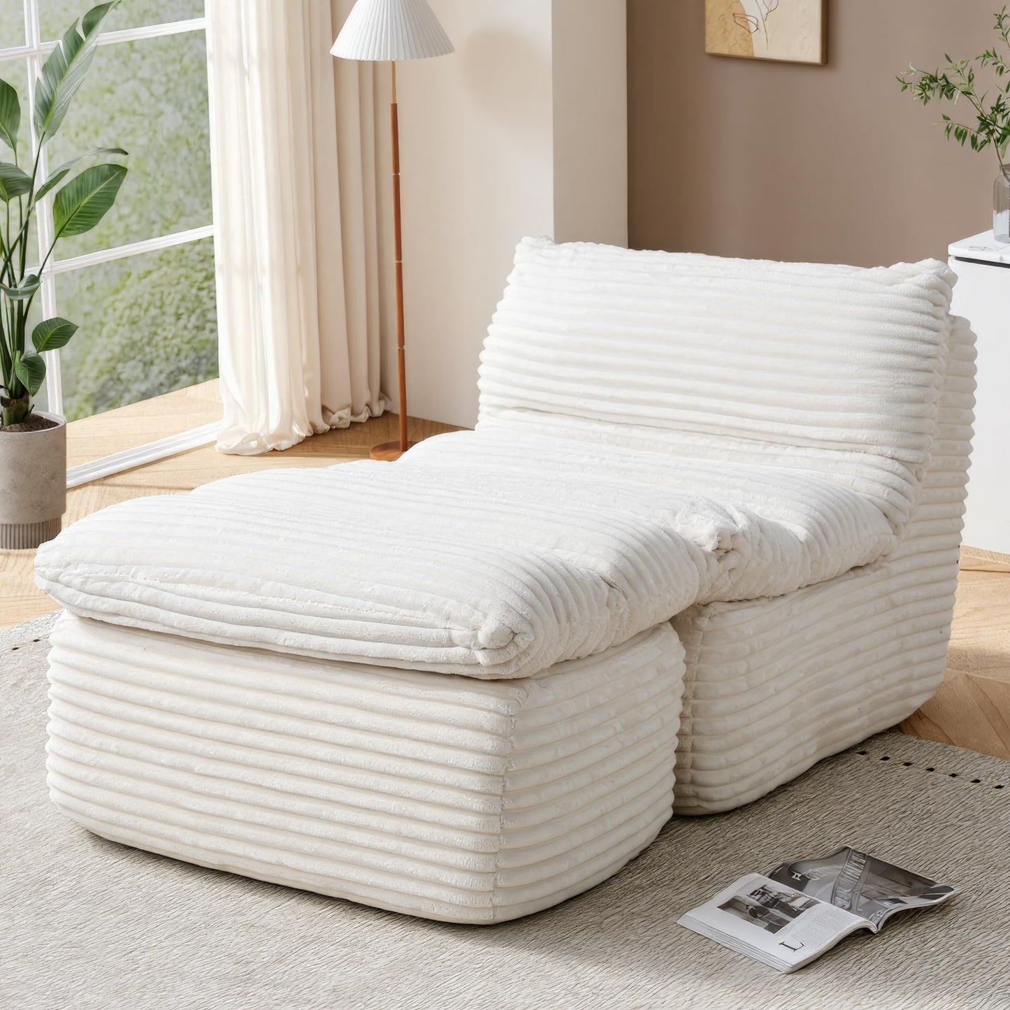 COLAMY Bean Bag Chair, Lounge Chair with Removable Ottoman for Adults, Comfy Fabric Sofa Bed Couch with Memory Foam, Backrest for Living Room, Office, Bedroom, Beige