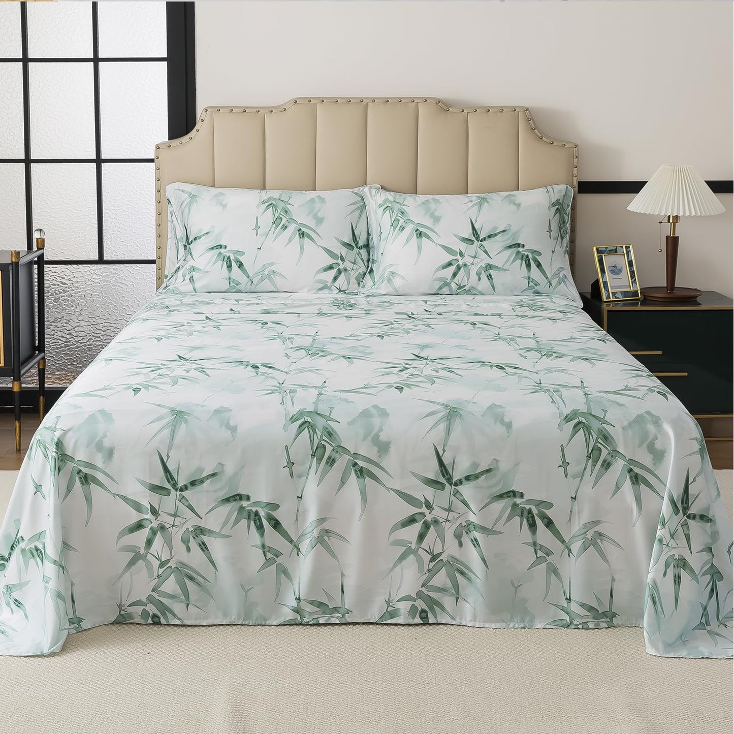 FADFAY Twin Size Sheet Set, 70% Viscose Derived from Bamboo, 30% Cotton 4 Pieces Country Style Green Leaves Print Bedding, Deep Pocket Fitted Sheet