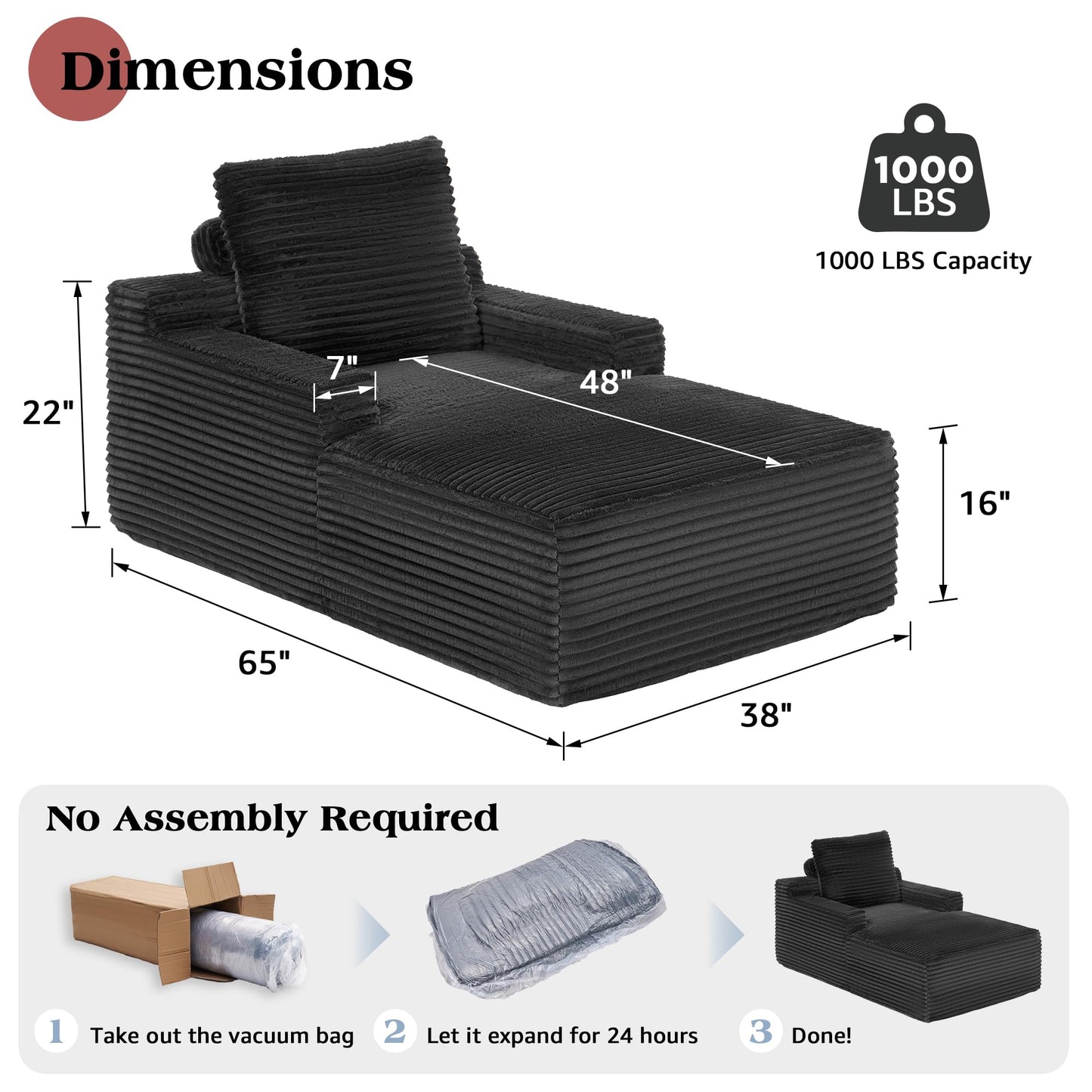 VanAcc 65" Chaise Lounge Sofa, Luxury Corduroy Sleeper Chaise with Armrests and Throw Pillows, No-Assembly Couch for Living Room or Apartment, Gray