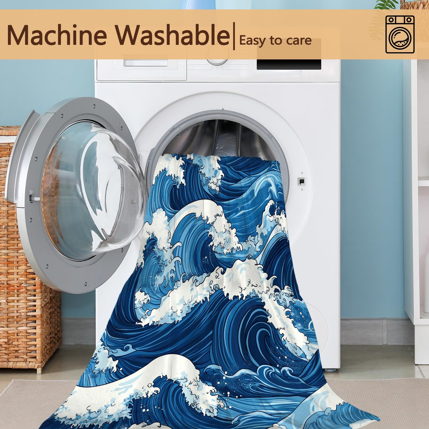 Blue Ocean Wave Sofa Throw Blankets,Vintage Japanese Soft Cozy Fuzzy Lightweight Travel Blanket,Flannel Fleece Fall Throw Blanket for Couch,Bed,Camping,Movie Nights,Watching TV 50 X 60 Inch