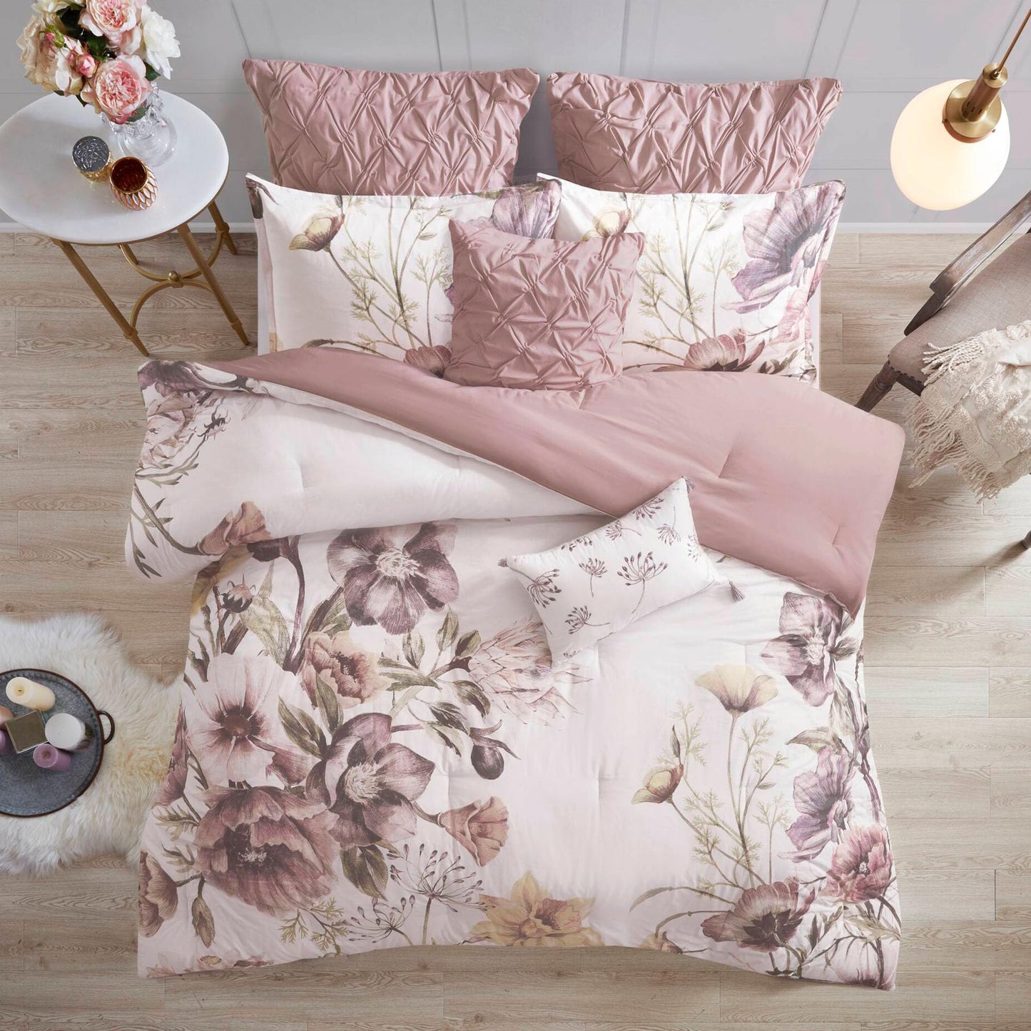 Madison Park Floral Queen Comforter Set, Cotton Rich Bedding Set Feminine Design Shabby Chic Queen Size Comforter Sets, All Season Bed Cover with Shams, Bed Skirt, Décor Pillow, Blush 8 Piece