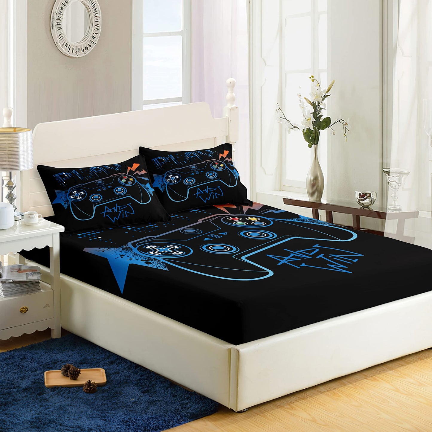 AILONEN Gamer Fitted Sheet Queen Size,Gaming Bedsheets Set,Gamepad Bed Sheet Set for Boys,Boys Video Games Bedding Set,1 Fitted Sheet and 2 Pillow Case,3 Piece