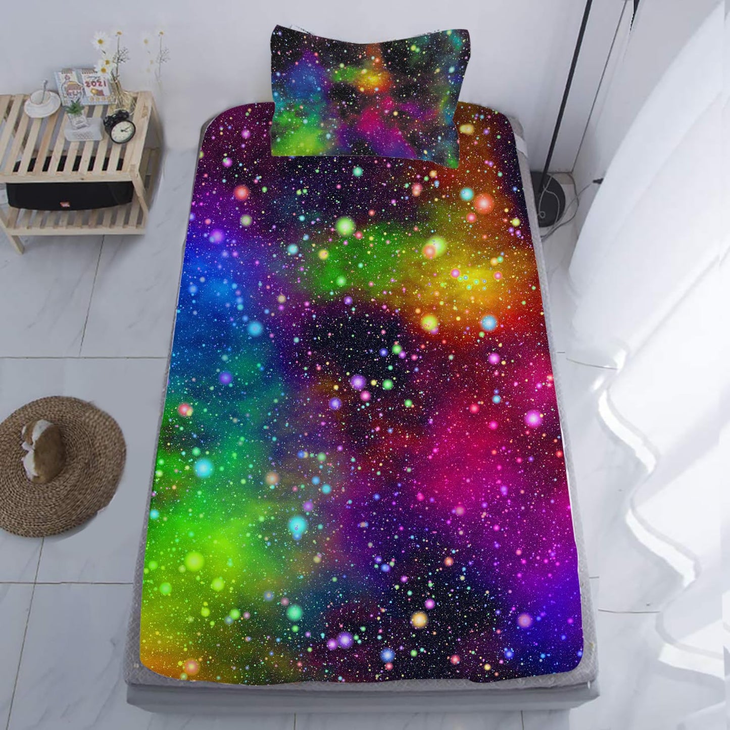 NiuOne Galaxy Fitted Sheet Set Rainbow Space Sheet Set for Girls and Boys Twin Bed 2PCS 1 Deep Pocket Sheets with 1 Pillowcases Wrinkle Free Microfiber(16,Twin)