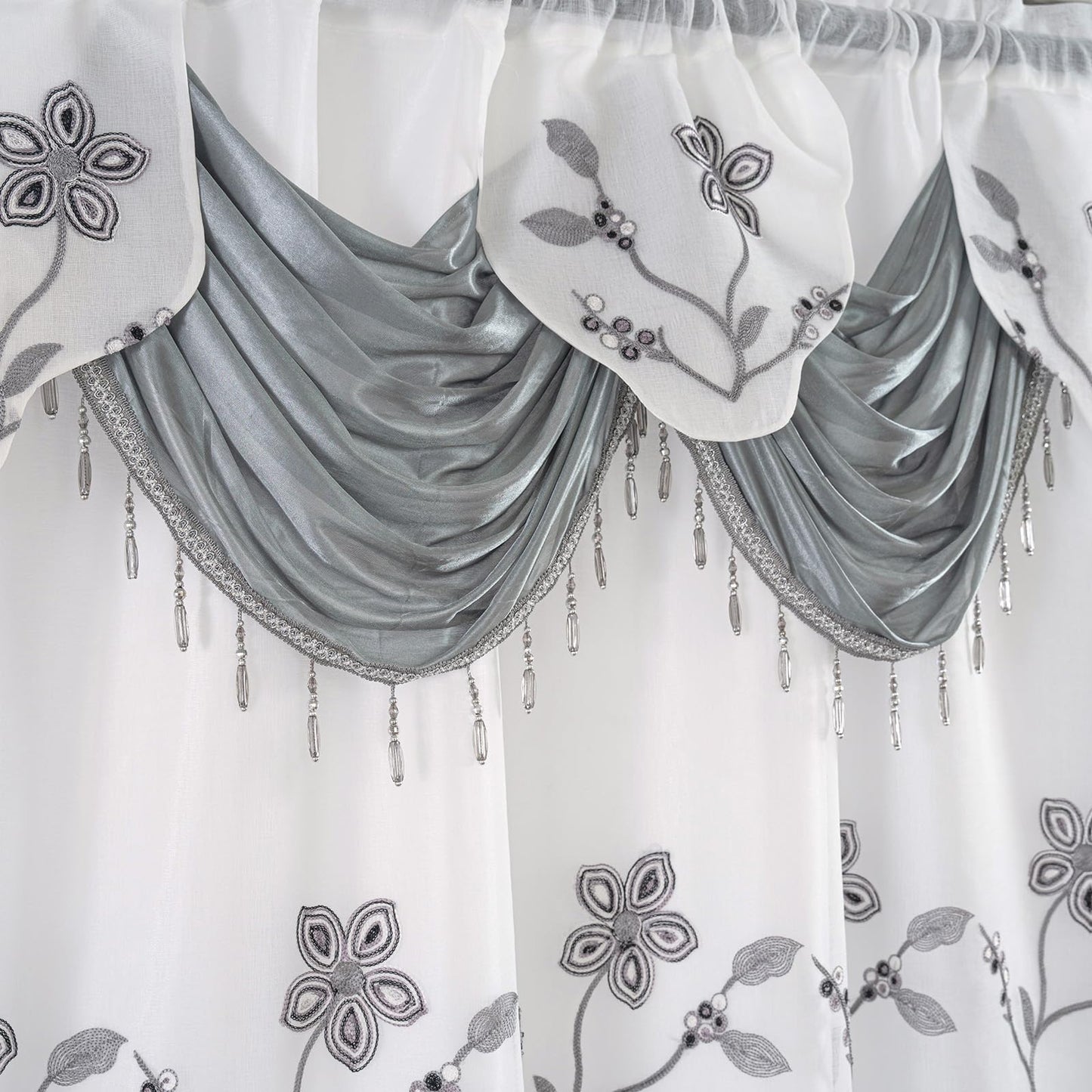 Petrichor Embroidered Sheer Curtain 2 Panels Set - Luxury Window Curtain Attached Valance with Satin Backing and 2 Tie Backs for Living Room,Dining Room, 54x84 inches, Gray