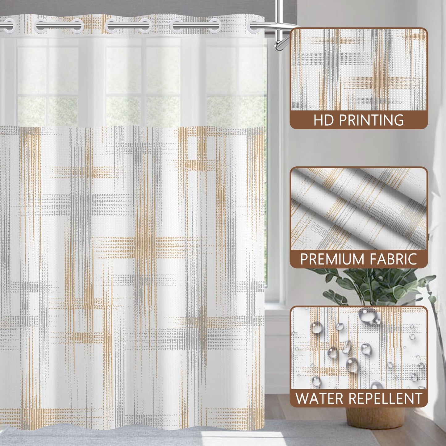 NAEMBCU No Hook Waffle Shower Curtain with Snap in Liner 71x74 Inch