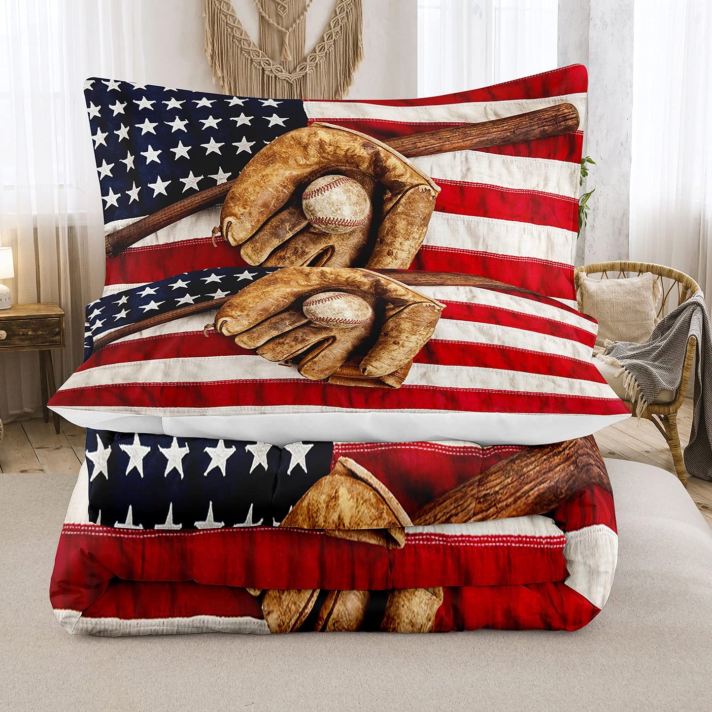 Bodhi Boys Sports Bedding Set - Queen Size, Baseball & American Flag Comforter Set with Pillowcases
