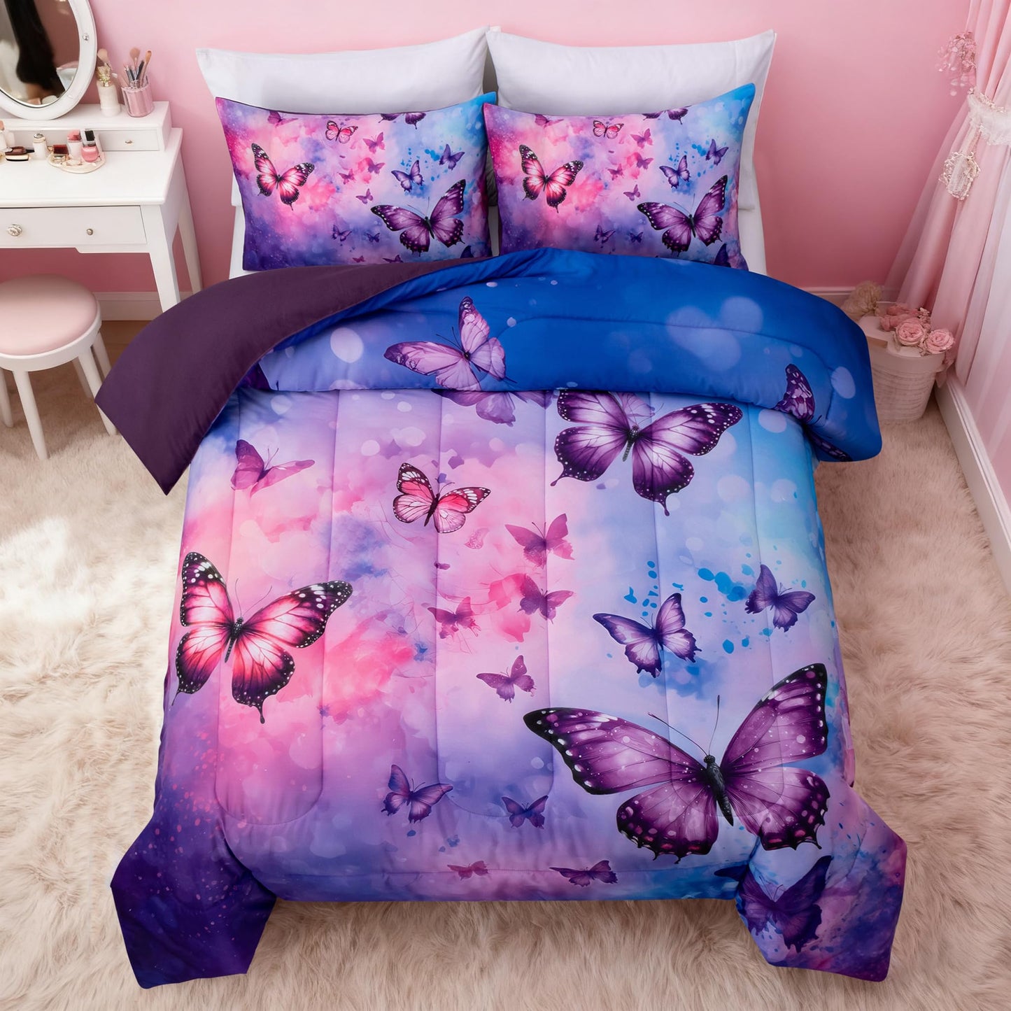 Btargot 3 Piece Butterfly Pattern Girls Comforter Set, Colorful Ink Stick Printing Bedding Set for Women, Pink Purple Full