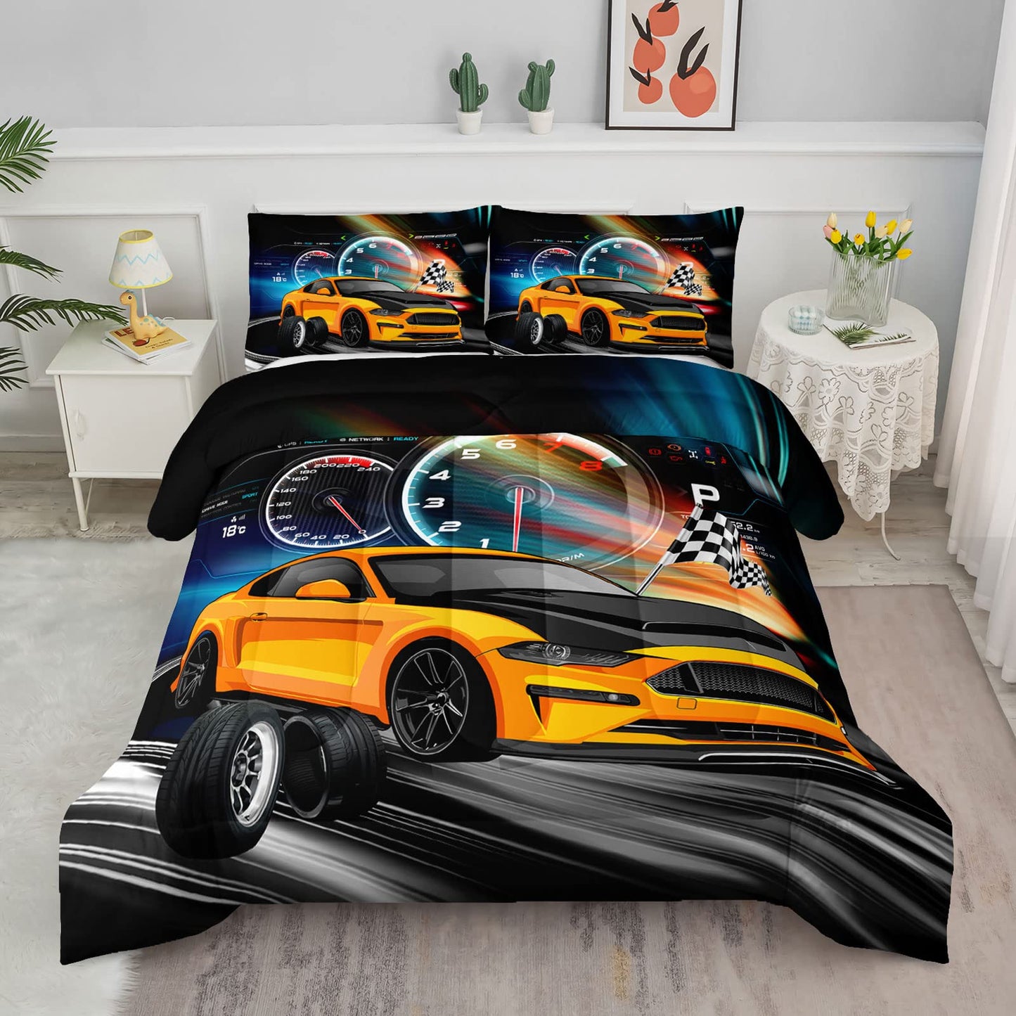 Axolotl Race Car Bedding Set Twin Size, Boys Extreme Sports Comforter Set for Kids Boys Car Racing Gifts, Yellow Cool Comforter Sports Quilt Set 1 Quilt with 2 Pillowcase