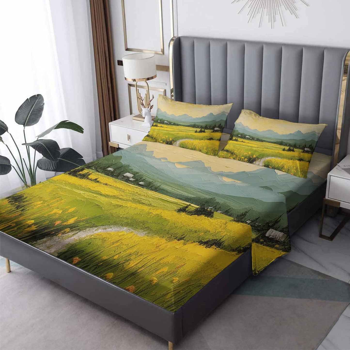 Landscape Sheets Full Size, Yellow Flower Bed Sheets, Patterned Bedding Sheets & Pillowcases 4 Piece Set - Soft Microfiber Deep Pocket Fitted Sheet & Flat Sheet & 2 Pillow Cases J6-&-263