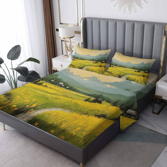 Landscape Sheets Full Size, Yellow Flower Bed Sheets, Patterned Bedding Sheets & Pillowcases 4 Piece Set - Soft Microfiber Deep Pocket Fitted Sheet & Flat Sheet & 2 Pillow Cases J6-&-263