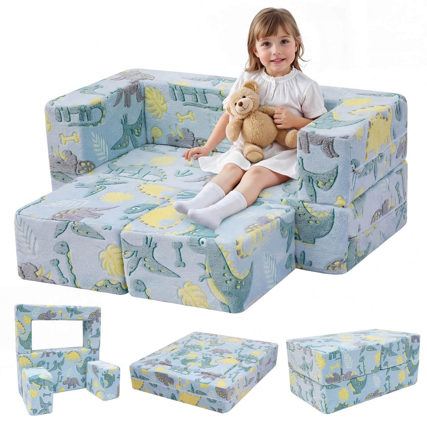 MeMoreCool Glow-in-the-Dark Dinosaur Kids Loveseat - Modular Toddler Play Couch that Folds Out, Convertible Foam Chair & Mini Sofa Bed with Washable Plush Cover, 2-Seat Playroom Furniture