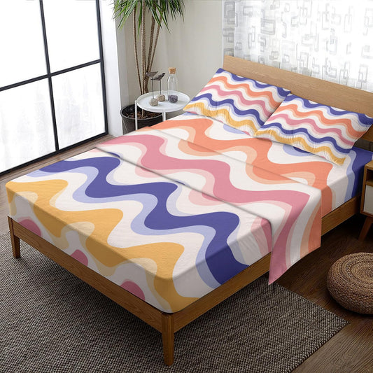 NOGAWA 70s Retro Sheets Full, Abstract Waves Bed Sheets, Colorful Bedding Sheets, Soft Microfiber Deep Pocket Fitted Sheet, Flat Sheet, 2 Pillowcases
