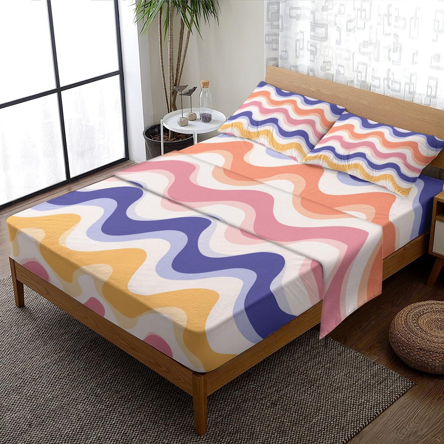NOGAWA 70s Retro Sheets King, Abstract Waves Bed Sheets, Colorful Bedding Sheets, Soft Microfiber Deep Pocket Fitted Sheet, Flat Sheet, 2 Pillowcases