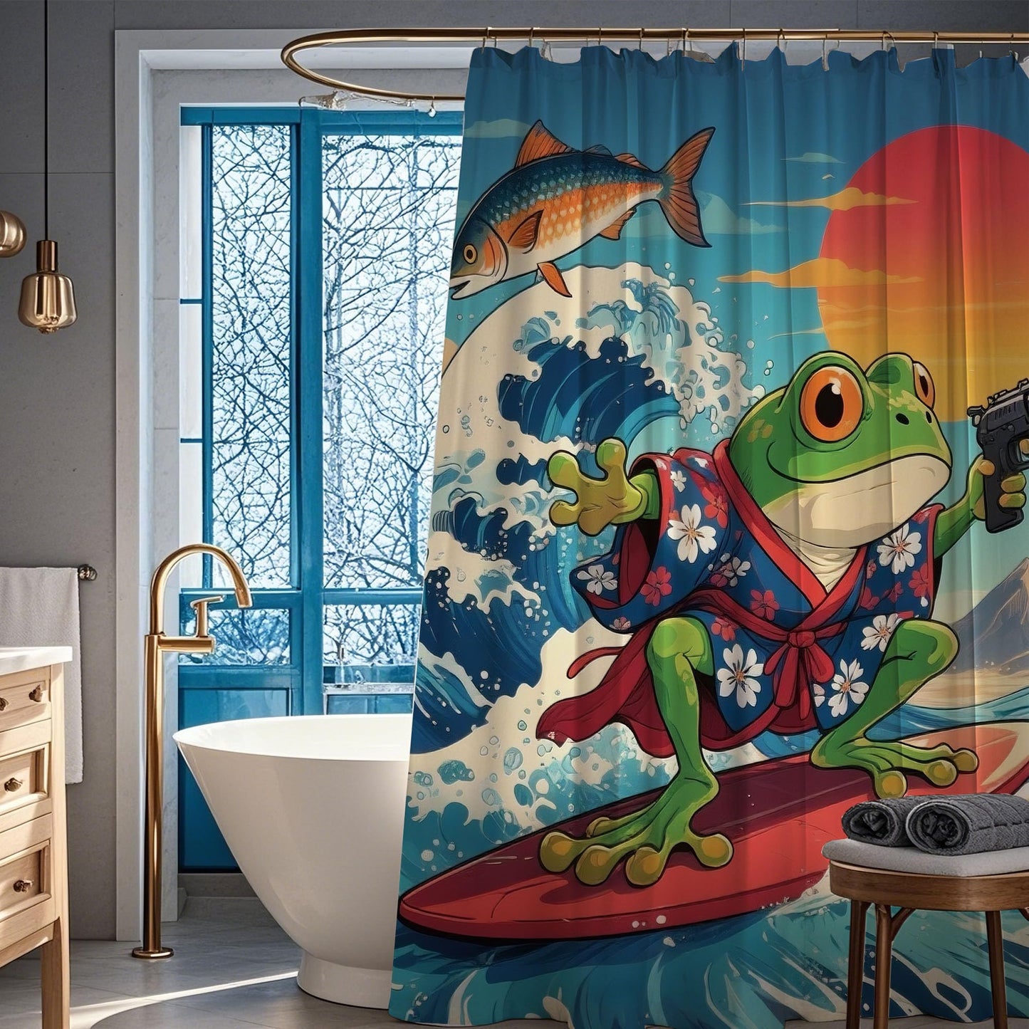 Pakena Funny Japanese Frog Surf Ocean Shower Curtain Ocean Kraken Fish Nautical Shower Curtains Set Cool Animal Blue Sea Waves Summer Beach Coastal Bath Curtain Kids Fun Bathroom Decor 60x72 Inch