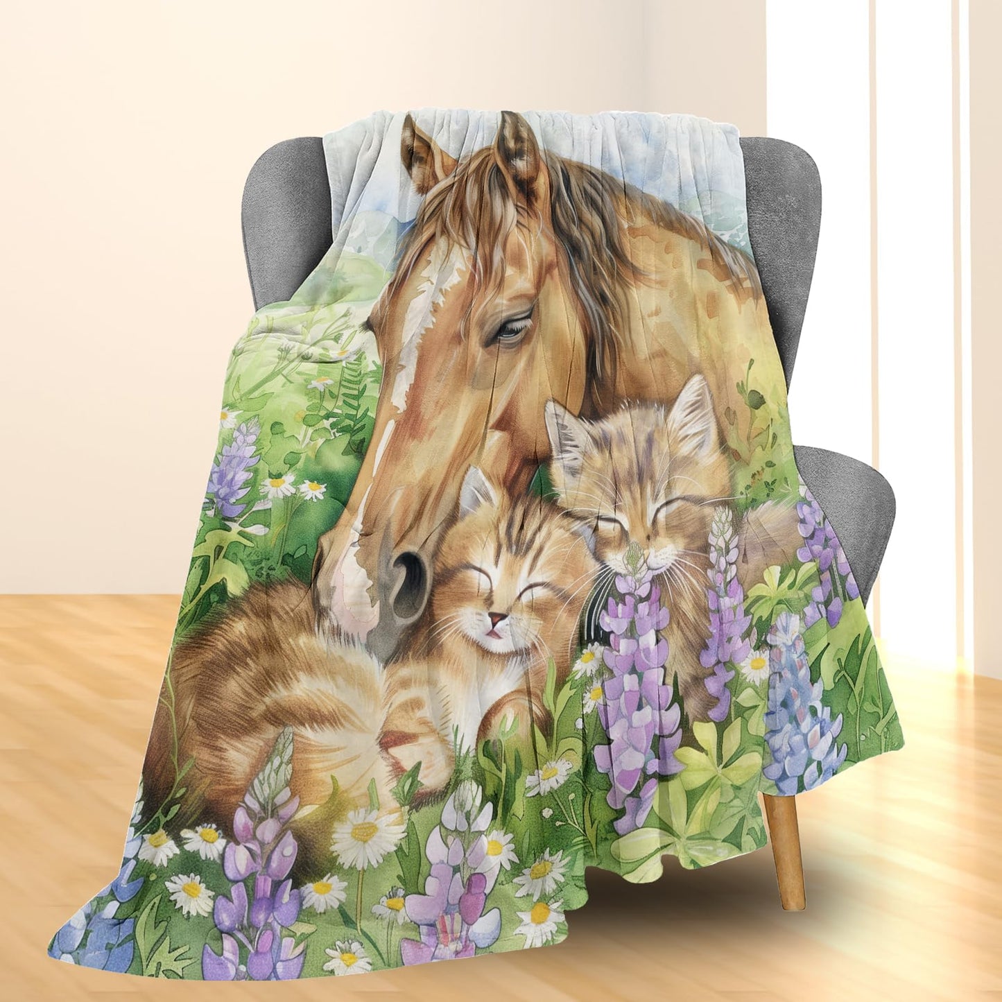 Ti Caldi Tranquil Horse and Cats in Meadow Blanket Soft Flannel Throw - Cozy, Lightweight & Fluffy - Perfect for Couch, Bed, Travel - Charming Home Decor for Indoor & Outdoor Use 60"x50"