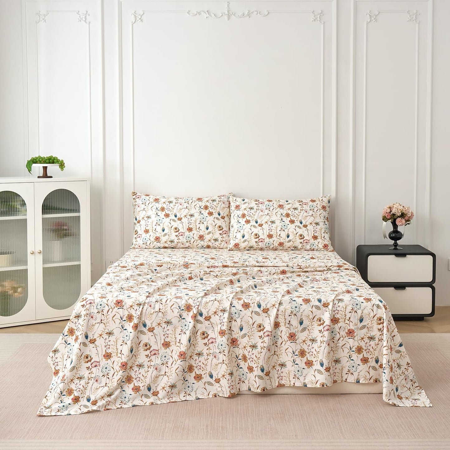 Zusbest Queen Sheets Set 100% Percale Cotton - Boho Floral Botanical Printed Bedding with Deep Pocket 17.5'', Vintage Burnt Orange & Teal Design, 4-Piece Soft Breathable Sheets