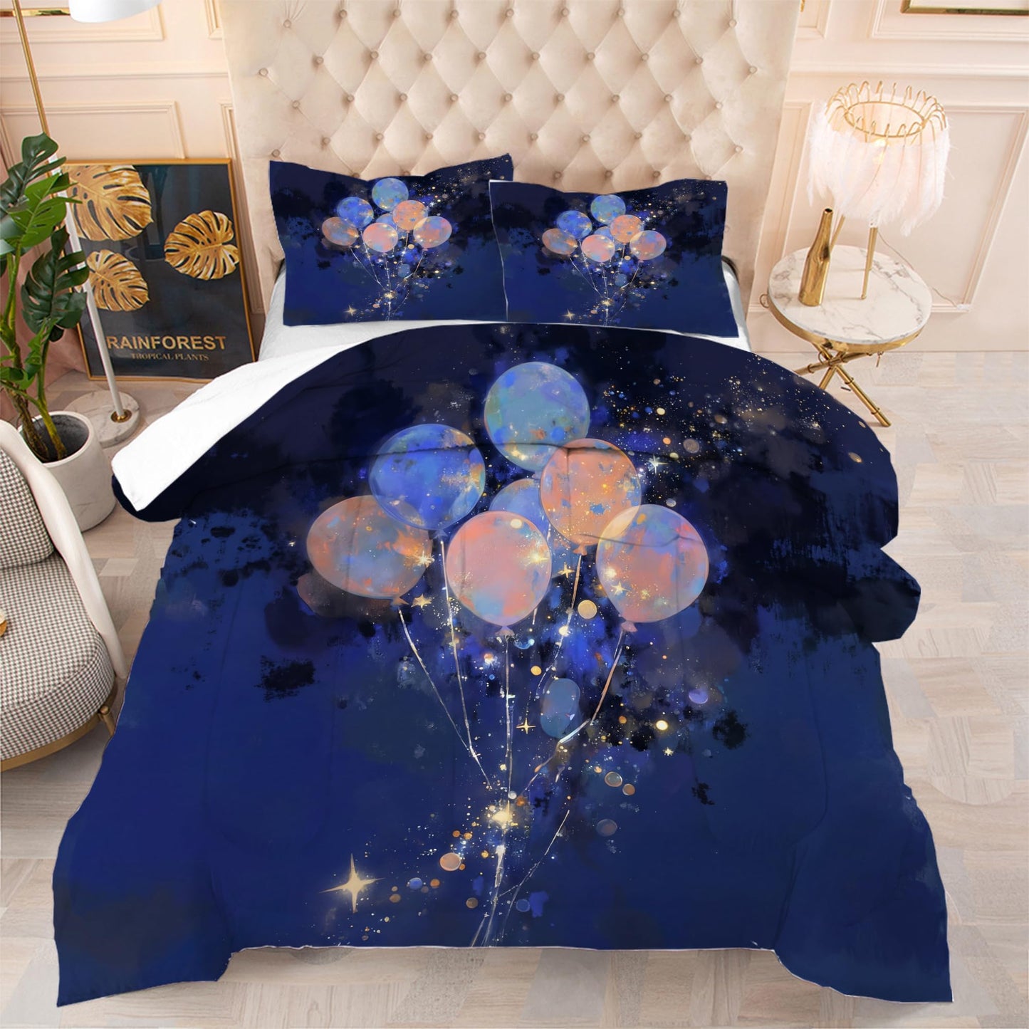 EDGZKO Navy Blue Galaxy Balloon Bedding Set Full Size Starry Sky Print Comforter Set Soft Microfiber Bed Sets for Kids Girls Boys Teens Adults Room Decor, 1 Comforter 2 Pillowcases