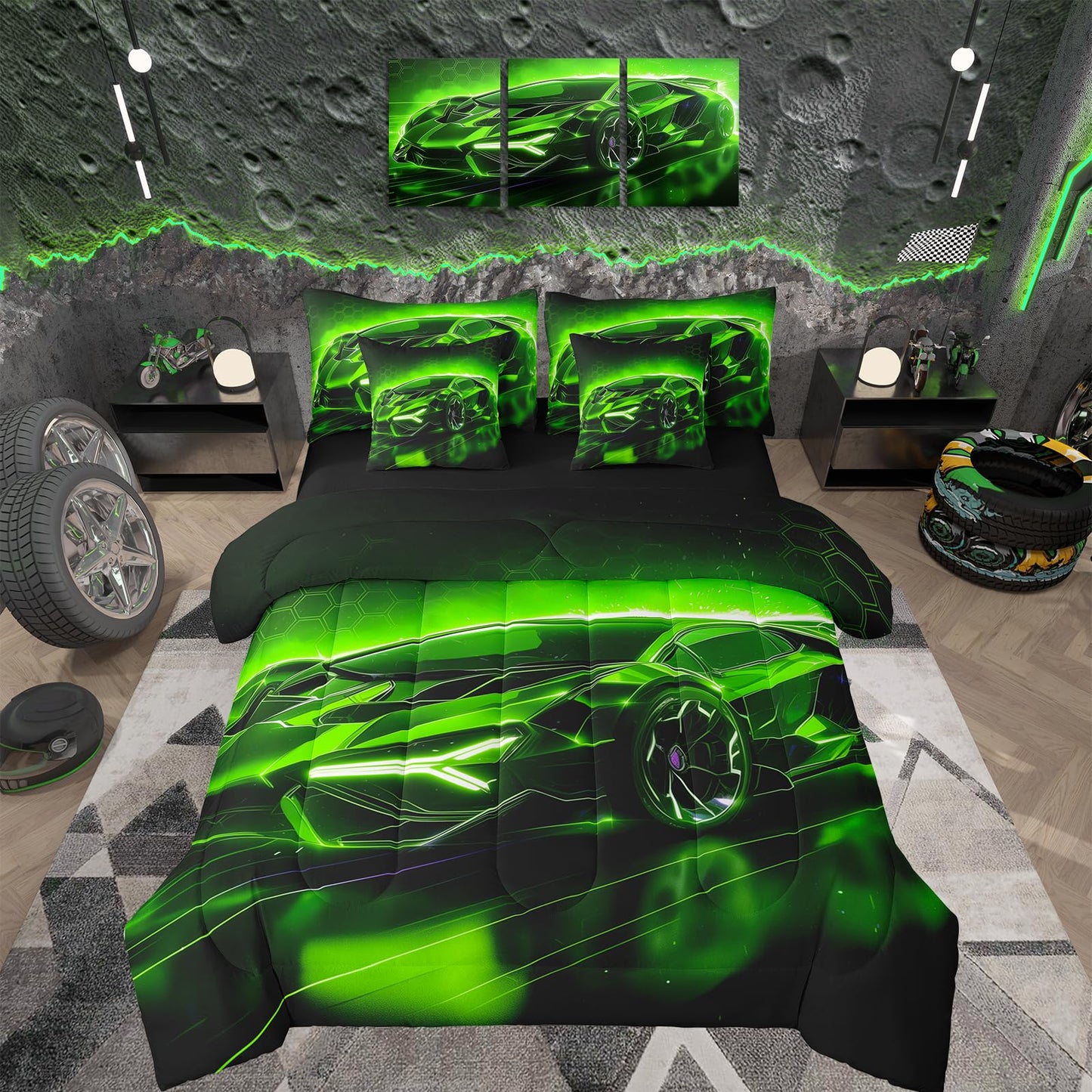 Feelyou Kids Boys Race Car 7 Piece Bedding Set Full Size Green Sports Car Comforter Set with Sheets for Kids Teens Boys Girls Extreme Sports Theme Bed in a Bag Speed Luxury Car Bed Set