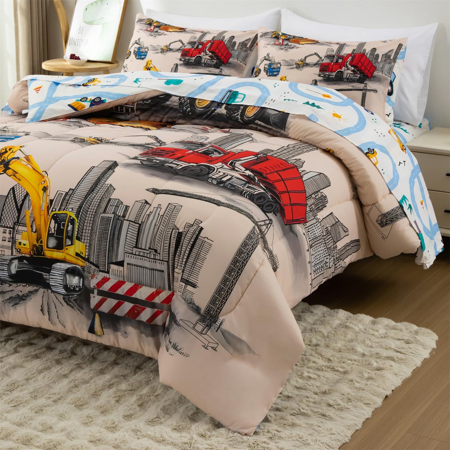 Holawakaka Trucks Tractors Cars Boy Bedding Comforter Set with Sheets, Twin Size Cartoon Construction Car Excavator Print Kids Bed in A Bag 5-Piece, Boys Reversible Dorm Bed Sets (Camel Twin)