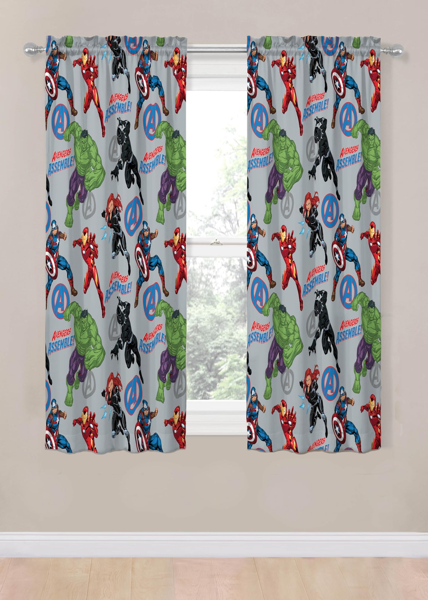 Jay Franco Window Curtains for Kids Bedroom 4-Piece Drape Set with 2 Tiebacks, Grey - Avengers, 42" W x 63" L (Pack of 2)