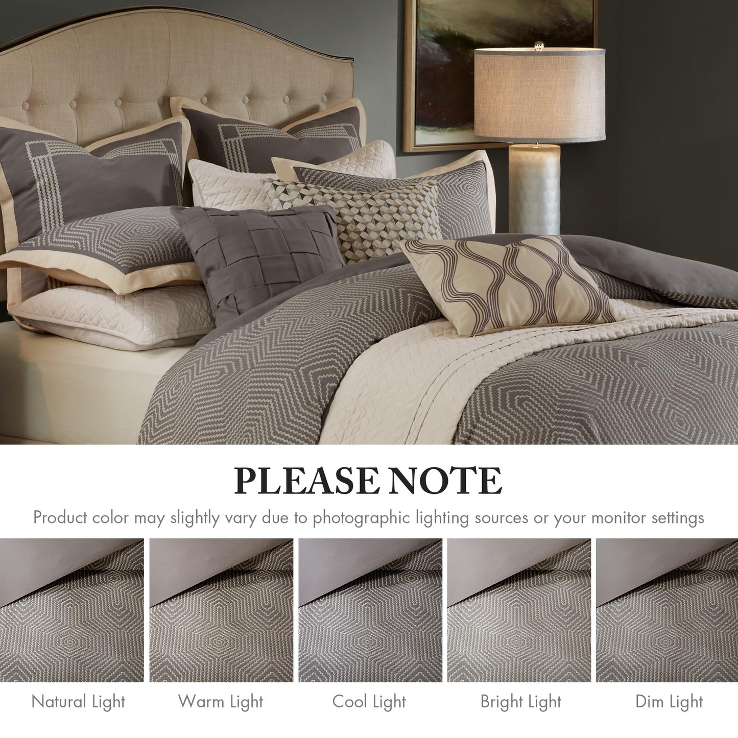 Madison Park Signature Cozy Comforter Set - All Season Bedding Combo Filled Insert and Removable Duvet Cover, Shams, Decorative Pillows, Queen (92 in x 96 in), Geometric Grey 9 Piece