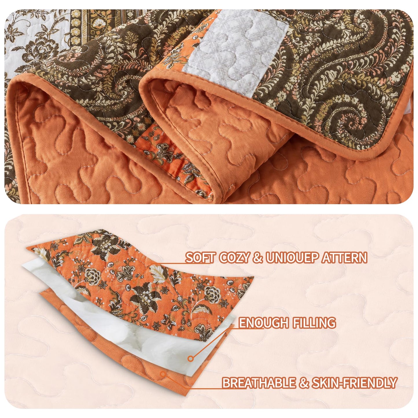 BEDIFANY Farmhouse Cotton Quilts Queen Size for Fall - Lightweight Patchwork Autumn Bedspread Set for Bed Coverlet - Highly-Woven Soft Reversible Bed Spread for All Seasons (Floral Orange) 3 Pieces