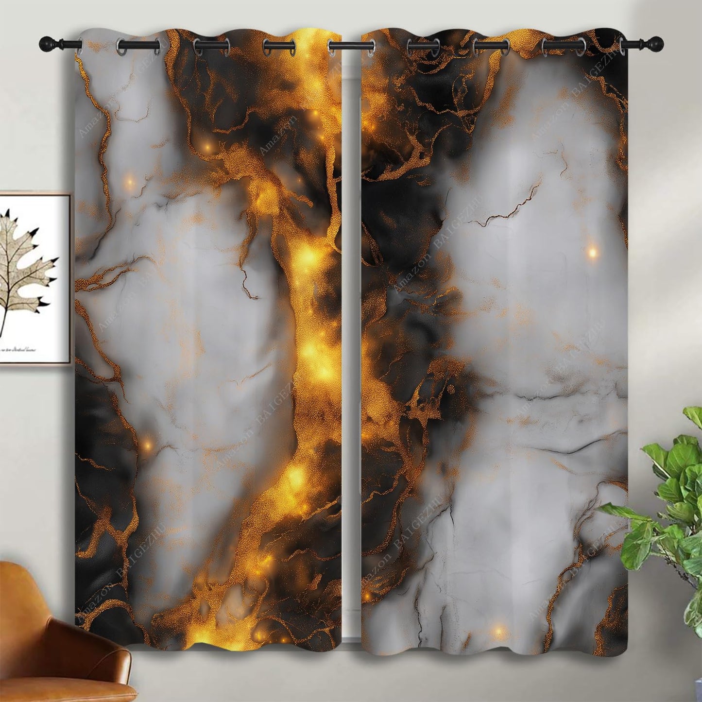 BAIGEZHU Black Gold Marble Boy Girls Blackout Curtains,Abstract Luxury Gold Glitter Veins Texture Modern Art, 2 Panel Grommet Thermal Insulated Drapes for Bedroom Living Kids Room Deco 42x45 inch