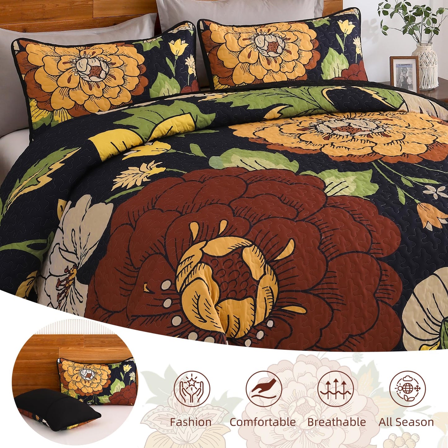 DJY Floral Quilt Set Queen Size Black Boho Bedspread Coverlet Set 3 Pieces, Botanical Quilt Lightweight Microfiber Farmhouse Floral Bohemian Bedding Set with 2 Pillow Shams for All Season (96''x90'')